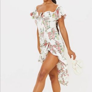 SOLD! NWT Pretty Little Thing White Floral Satin Corset Frill Hem Midi Dress